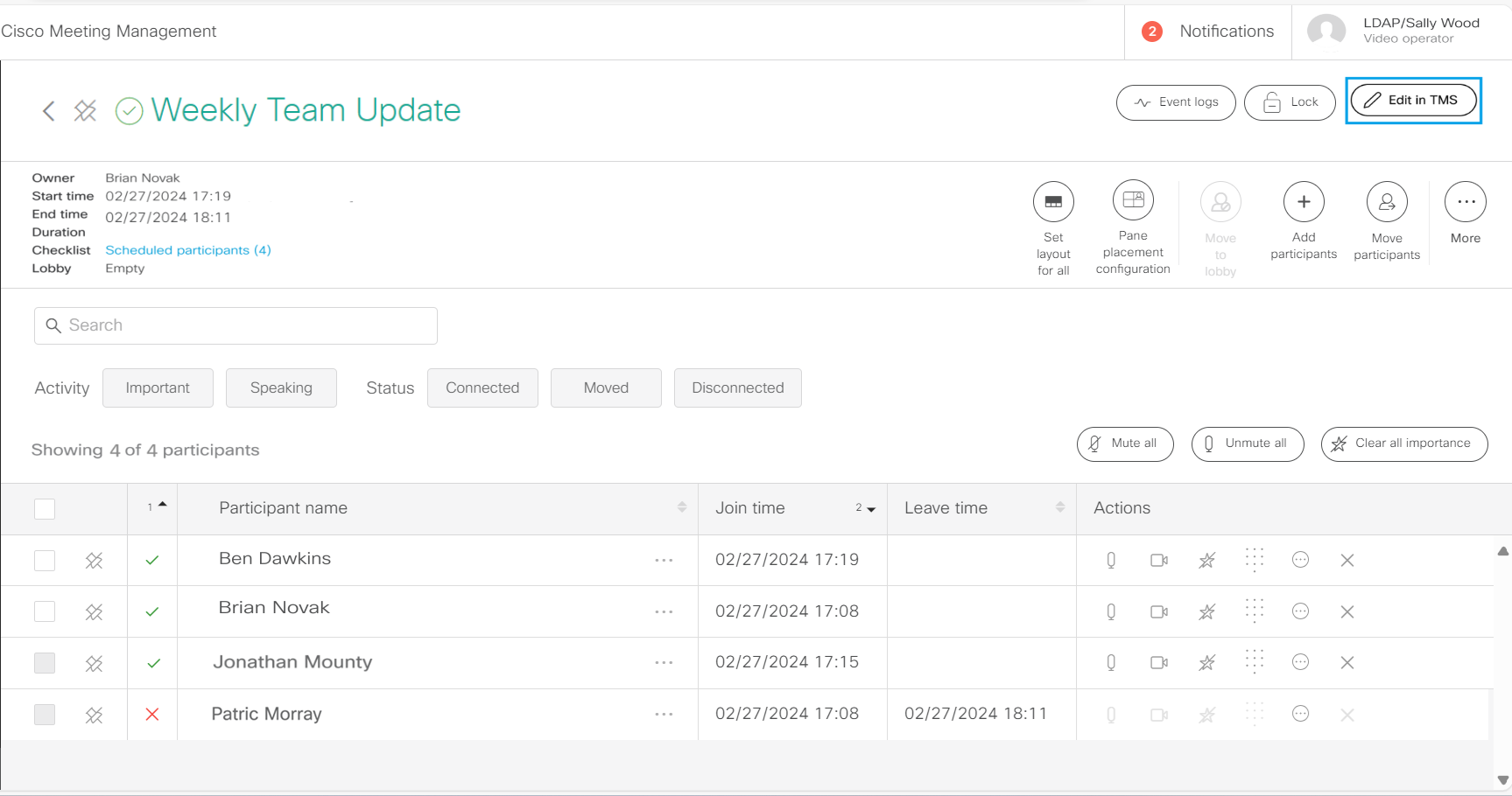 Meeting details page for scheduled meetings